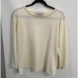 N Touch Vintage Winter Pearl-Trim Knit Sweater, Off-White, 3/4 Sleeves, Large